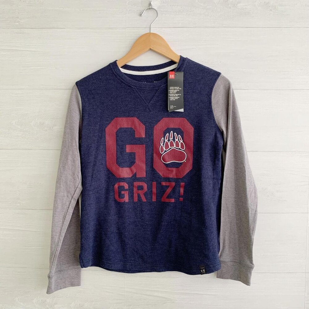 NWT Under Armour University Montana Go Grizz navy gray thermal t-shirt, Youth Lg